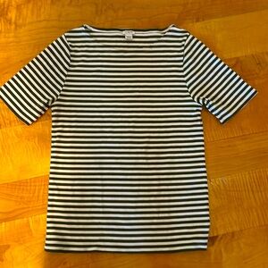 Women’s J Crew boatneck cotton short sleeve striped olive green/white. Large.